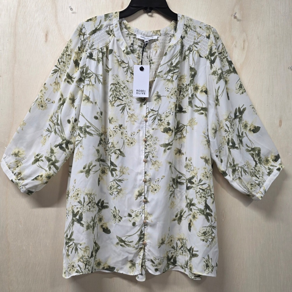 Rose + Olive Floral Button Front Blouse Smocked Boho Tunic 3/4 Sleeve 1X